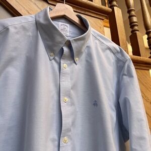 Brooks Brothers Men Regent Fit Oxford Shirt Logo XXL Light Blue Non Iron Stretch